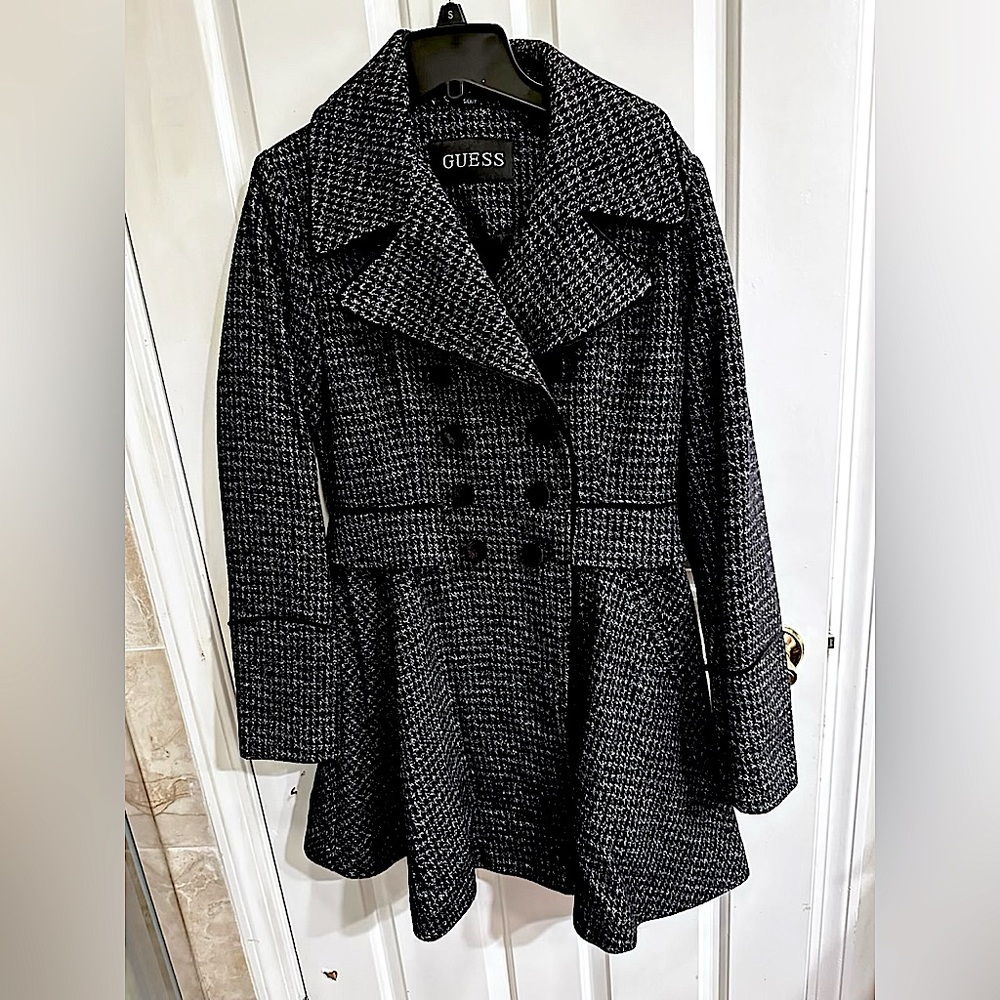 GUESS double breasted black & white houndstooth wool blend dressy peacoat NWOT